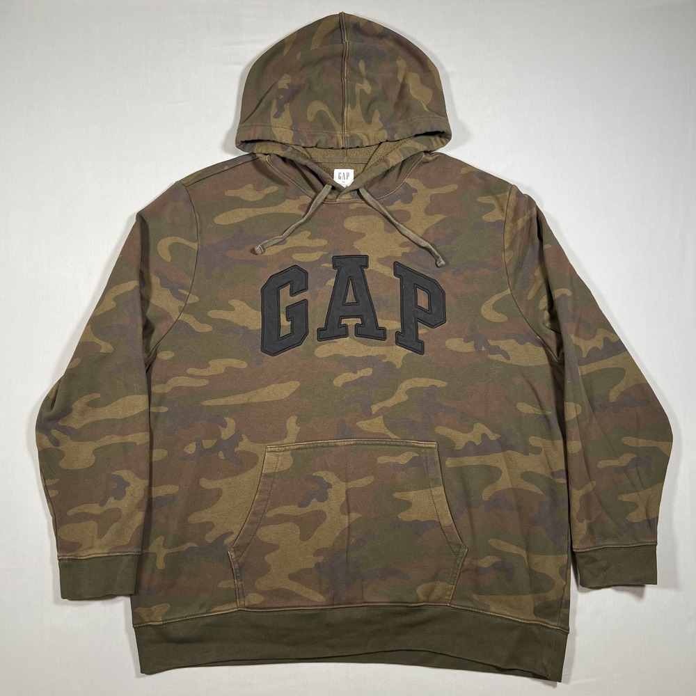 GAP Mens 2XL Camouflage Pullover Hoodie Sweatshirt Green Brown Camo Fleece Logo